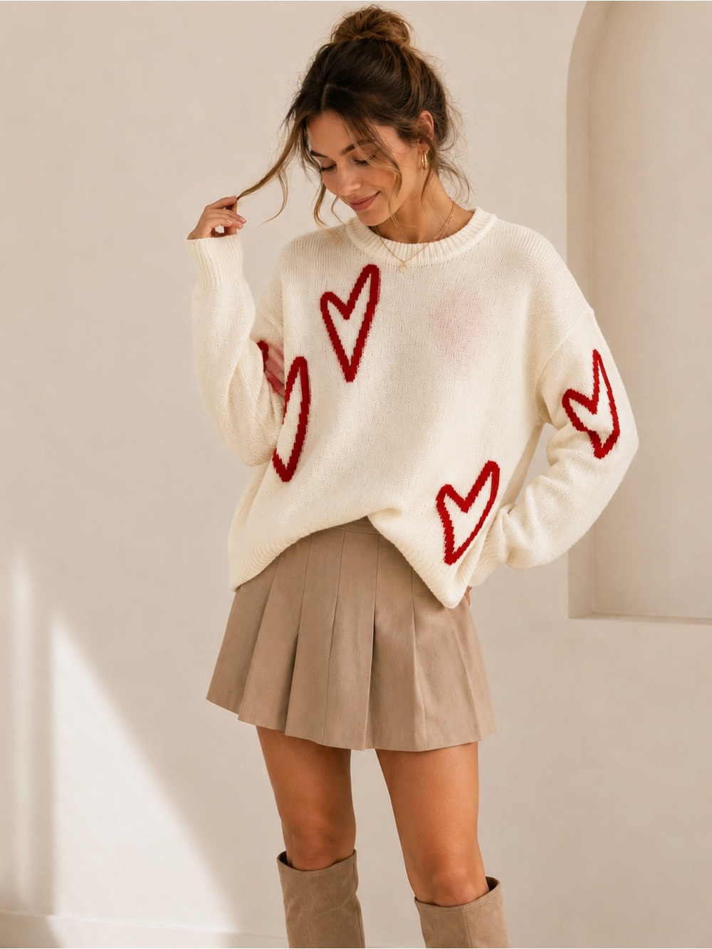 Elan Ivory Heart Print Soft Girl Crewneck Sweater Oversized Cozy Knit Pullover L - Picture 4 of 17